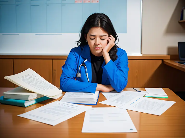 A woman sitting at a desk, showing signs of not passing the NCLEX.