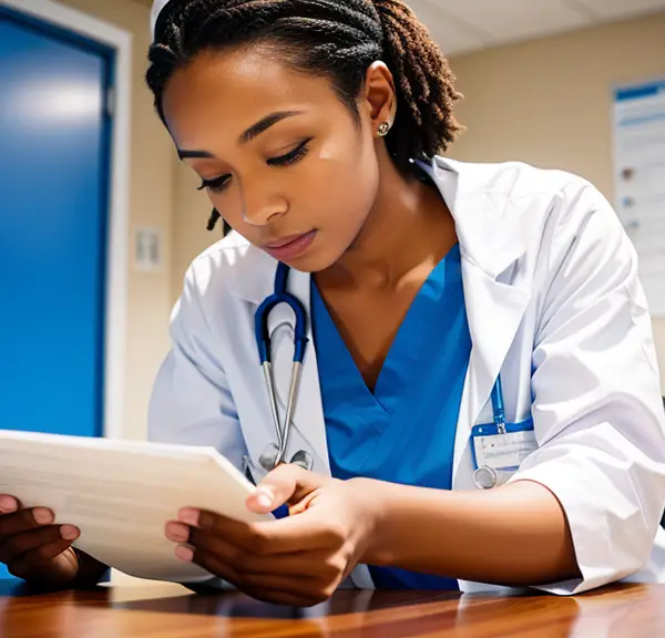 A female nurse is looking at medical records.