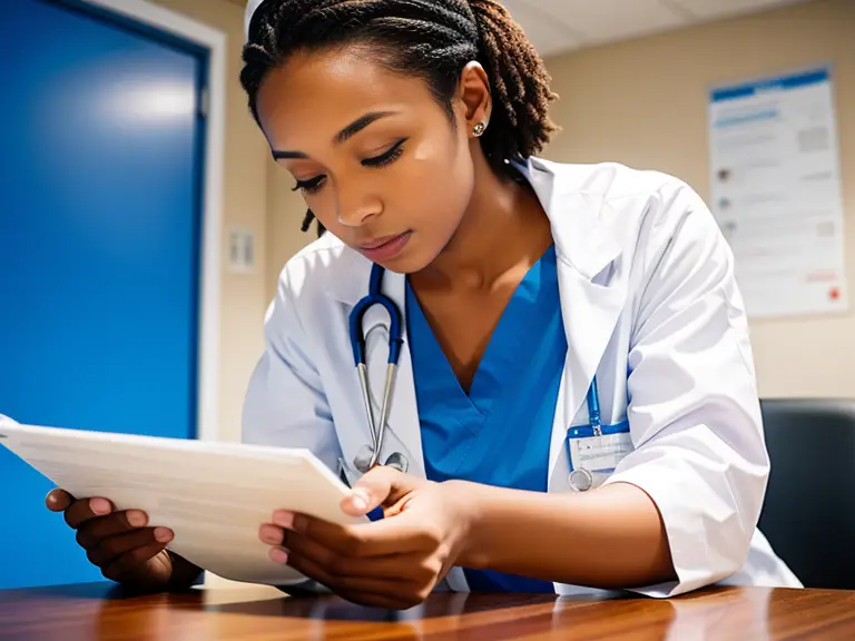 A female nurse is looking at medical records.