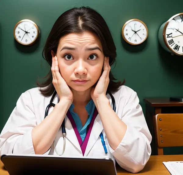 A female nurse sitting at a desk with clocks, contemplating the possibility of the NCLEX shutting off unexpectedly.