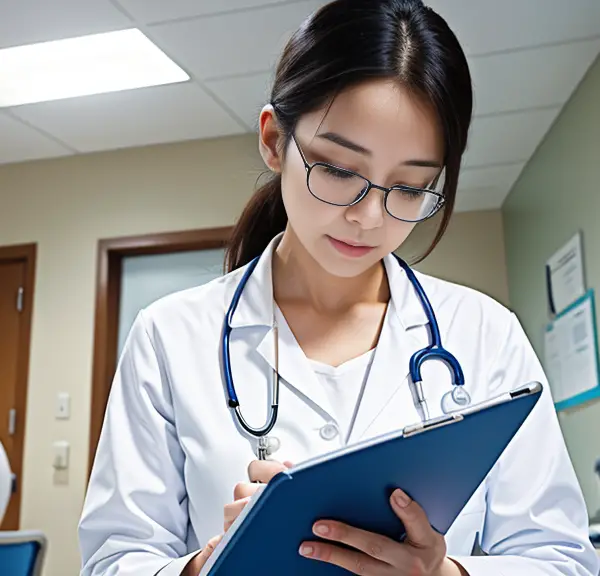 A female nurse is writing on a clipboard, addressing the query 