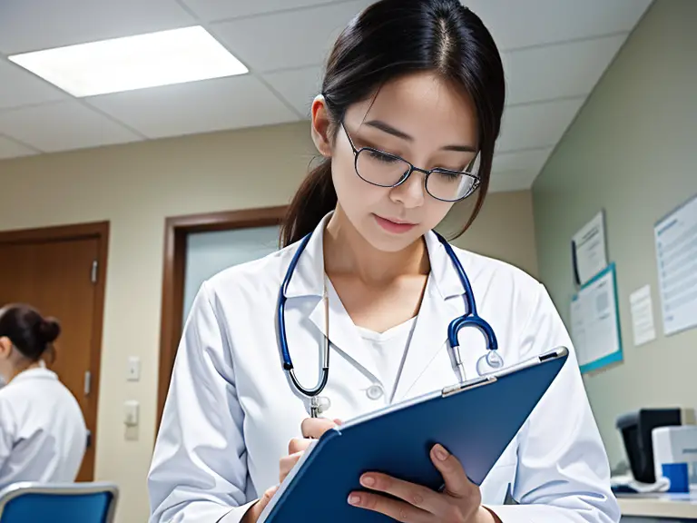 A female nurse is writing on a clipboard, addressing the query 