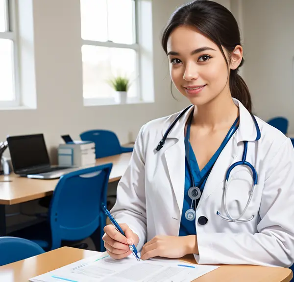 A female doctor sitting at a desk with a stethoscope, discussing ACLS certification for nursing students.