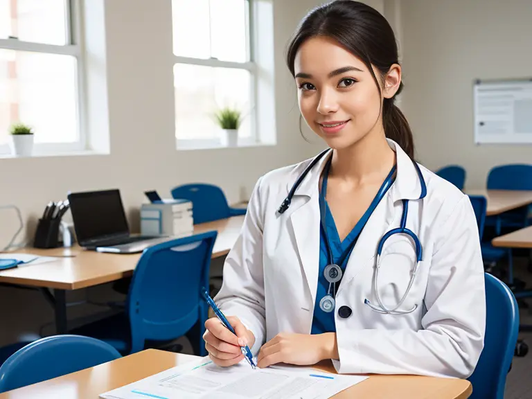 A female doctor sitting at a desk with a stethoscope, discussing ACLS certification for nursing students.