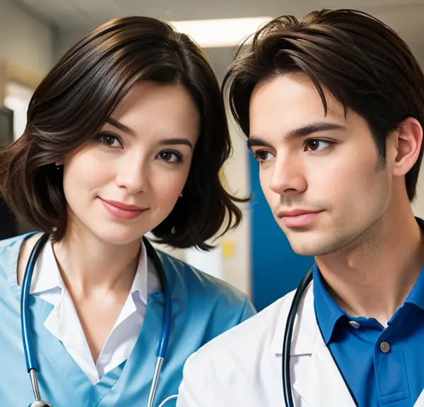 A nurse and a doctors, carefully donning their white coats and stethoscopes, stand side by side in a bustling hospital.