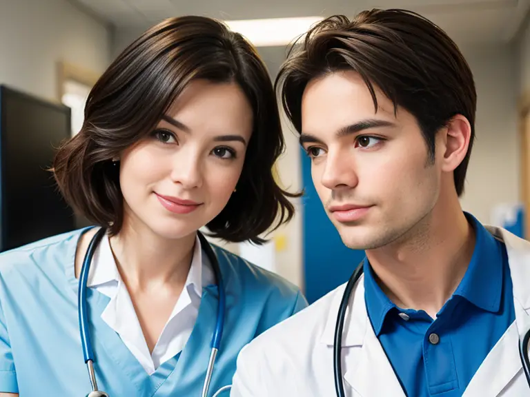 A nurse and a doctors, carefully donning their white coats and stethoscopes, stand side by side in a bustling hospital.