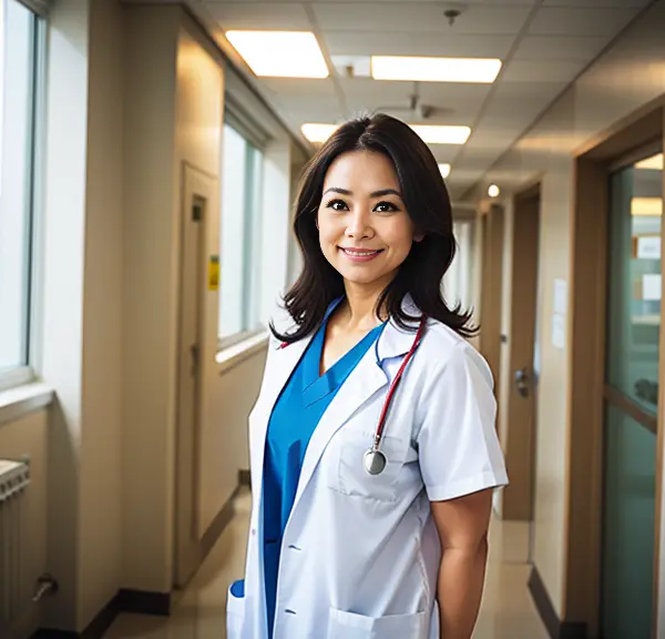 A nurse standing in a hallway at work, holding a stethoscope.
