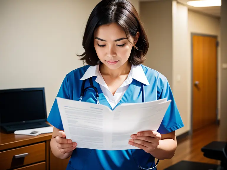 A female nurse is reading a document in an office, checking if her NCLEX certification expires.