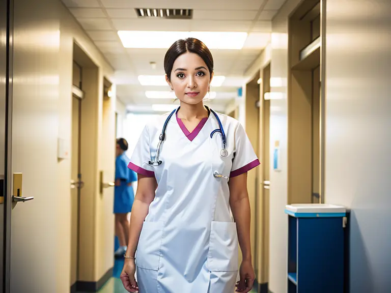 A new nurse standing in a hallway, wearing a stethoscope, looking forlorn.