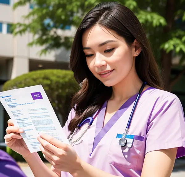 A nurse is holding a document in front of a group of people while discussing the effectiveness of Kaplan for NCLEX preparation.