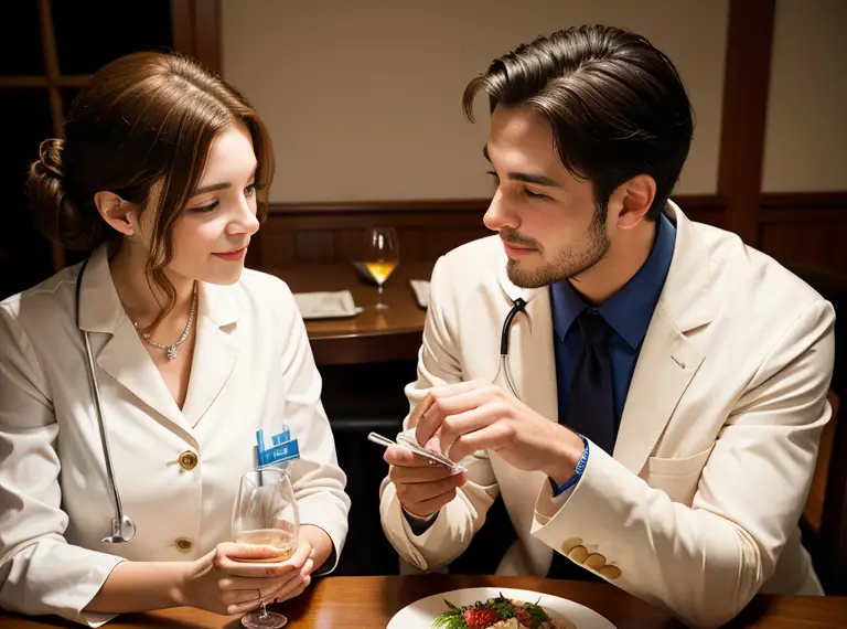 A man and a woman, both wearing white coats, sitting at a table discussing the pros and cons of dating a nurse.