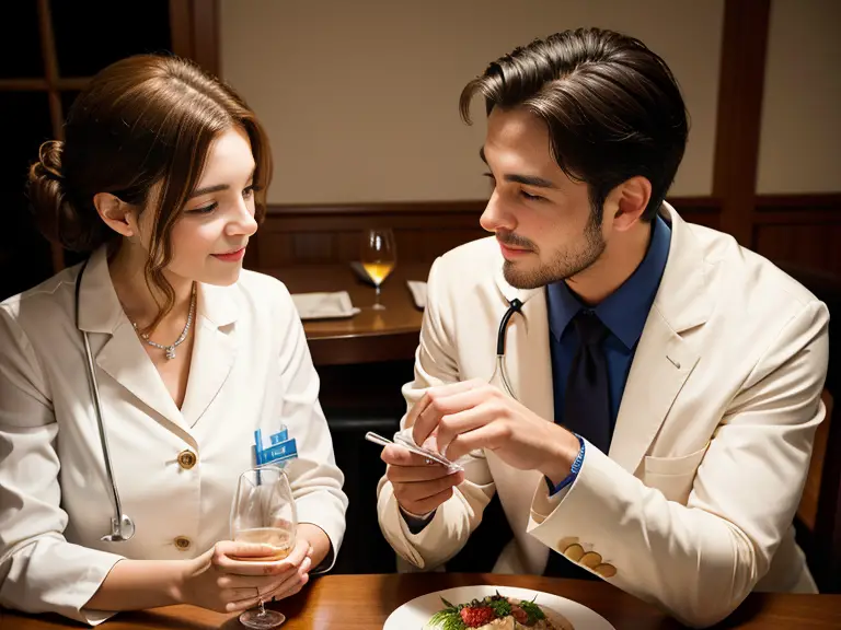 A man and a woman, both wearing white coats, sitting at a table discussing the pros and cons of dating a nurse.