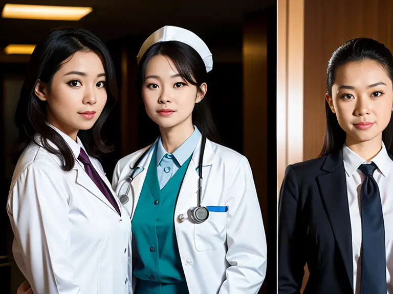 Three asian women in medical uniforms posing for a photo, contemplating career choices between nursing and law.
