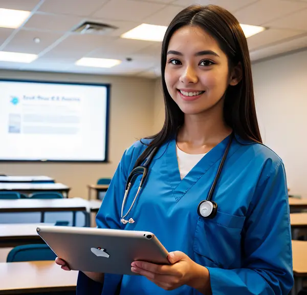 A female nurse in a blue coat is holding an iPad in front of a classroom at Nursing School.