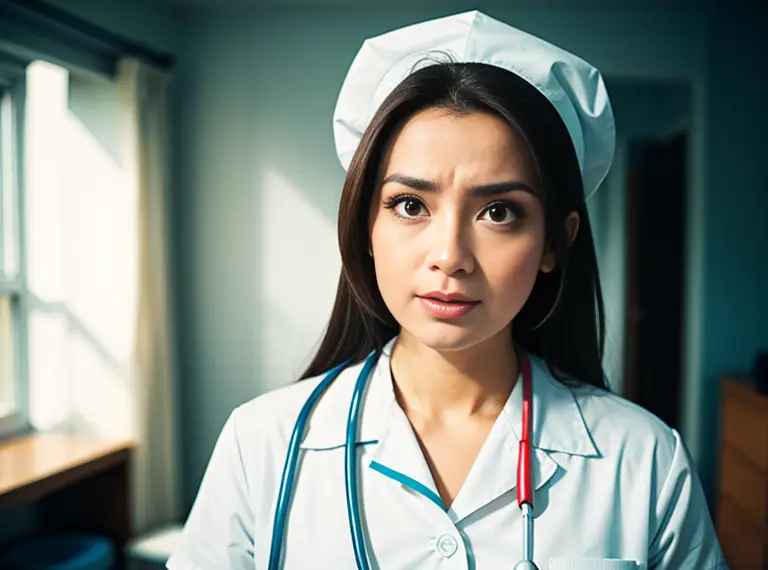 A nurse is standing in a room with a stethoscope, contemplating nursing school.