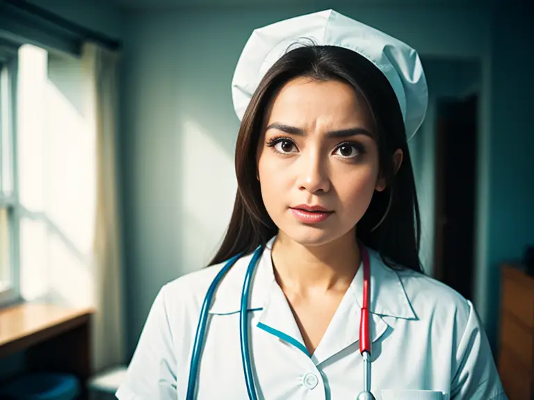A nurse is standing in a room with a stethoscope, contemplating nursing school.