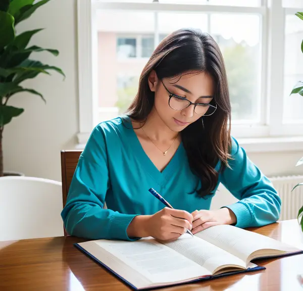A woman is conducting a research on whether it is better to take the NCLEX in the morning or afternoon, while writing in a book at home.
