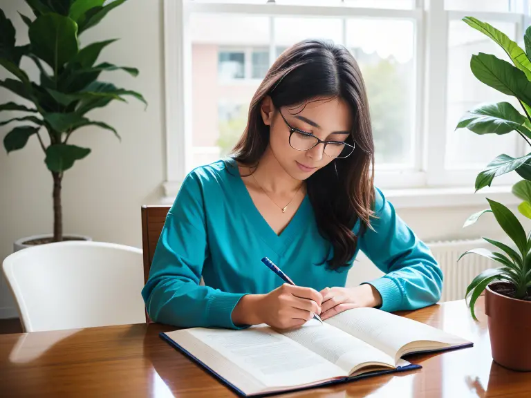 A woman is conducting a research on whether it is better to take the NCLEX in the morning or afternoon, while writing in a book at home.