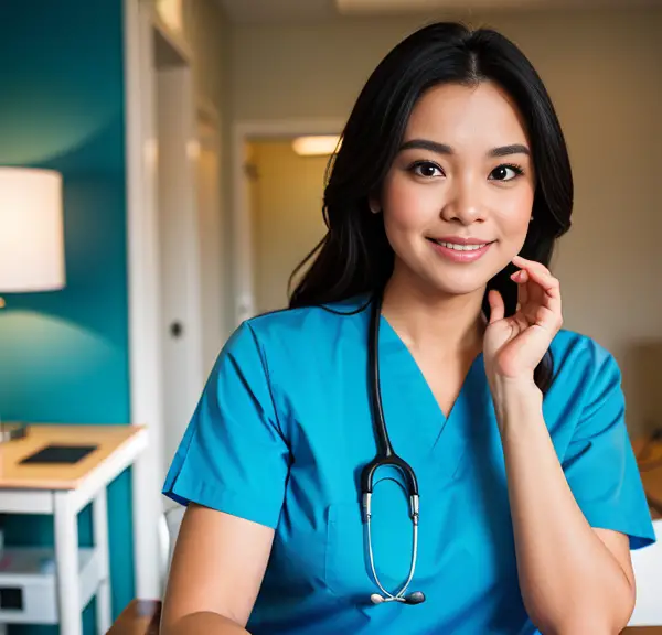 A nurse sitting at a desk with a stethoscope, contemplating whether to wear scrubs to an interview.