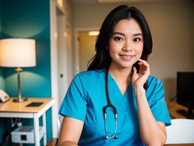 A nurse sitting at a desk with a stethoscope, contemplating whether to wear scrubs to an interview.