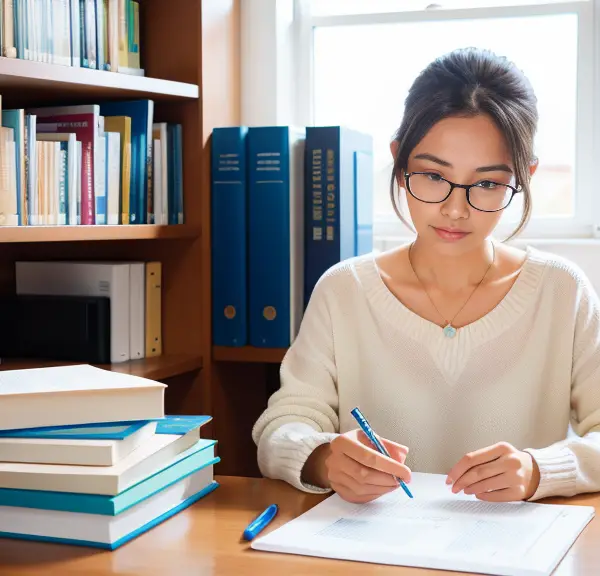 A woman wearing glasses is sitting at a desk with books, contemplating why she failed the HESI but successfully passed the NCLEX.