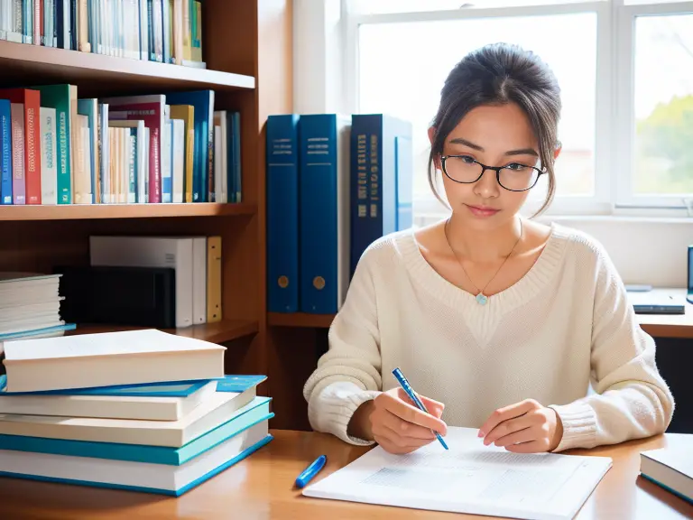 A woman wearing glasses is sitting at a desk with books, contemplating why she failed the HESI but successfully passed the NCLEX.