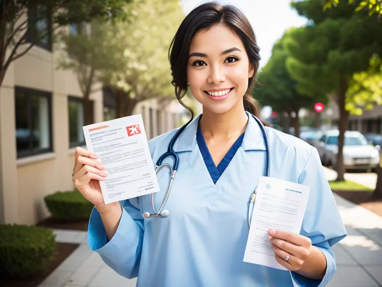 A female nurse confidently holding up a document after passing the NCLEX examination on a Saturday.