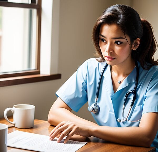 A nurse in blue scrubs sitting at a table with a cup and a paper.