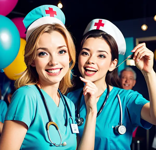 A group of hardworking nurses wearing scrubs and hats at a party.