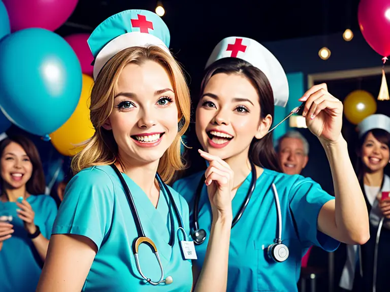 A group of hardworking nurses wearing scrubs and hats at a party.
