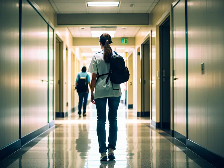 A nursing female student volunteering for several hours walking in a hallway.
