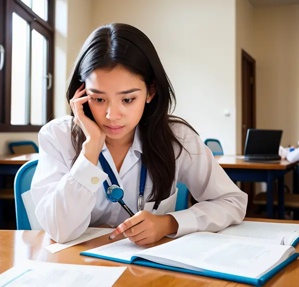 A woman in a white shirt is sitting at a desk and looking at her phone, feeling overwhelmed by the hard preparation for the NCLEX exam.