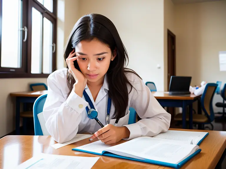 A woman in a white shirt is sitting at a desk and looking at her phone, feeling overwhelmed by the hard preparation for the NCLEX exam.