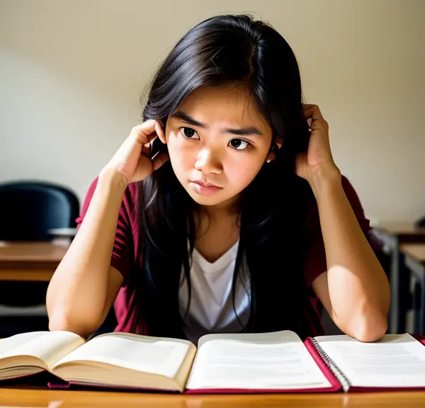A girl is sitting at a desk with a hard book open in front of her.
