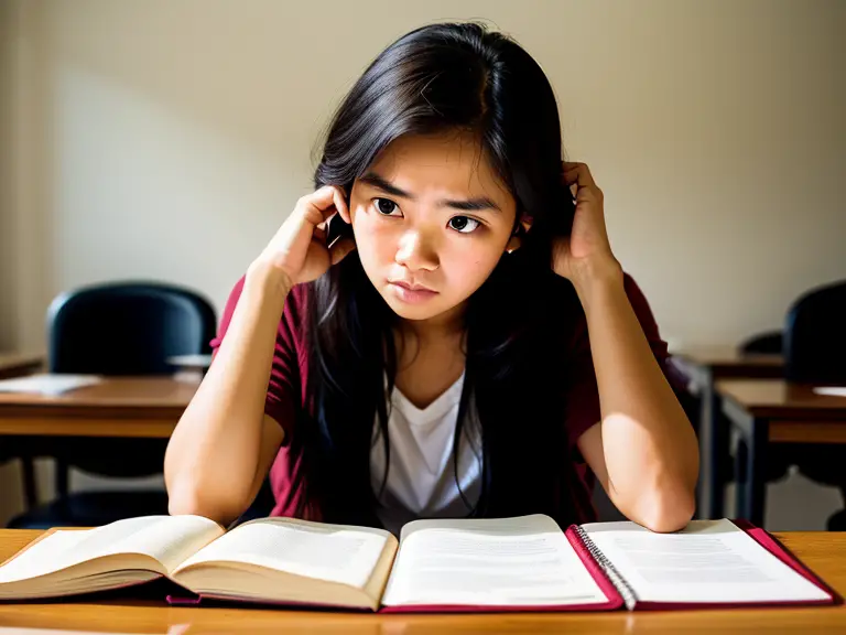 A girl is sitting at a desk with a hard book open in front of her.